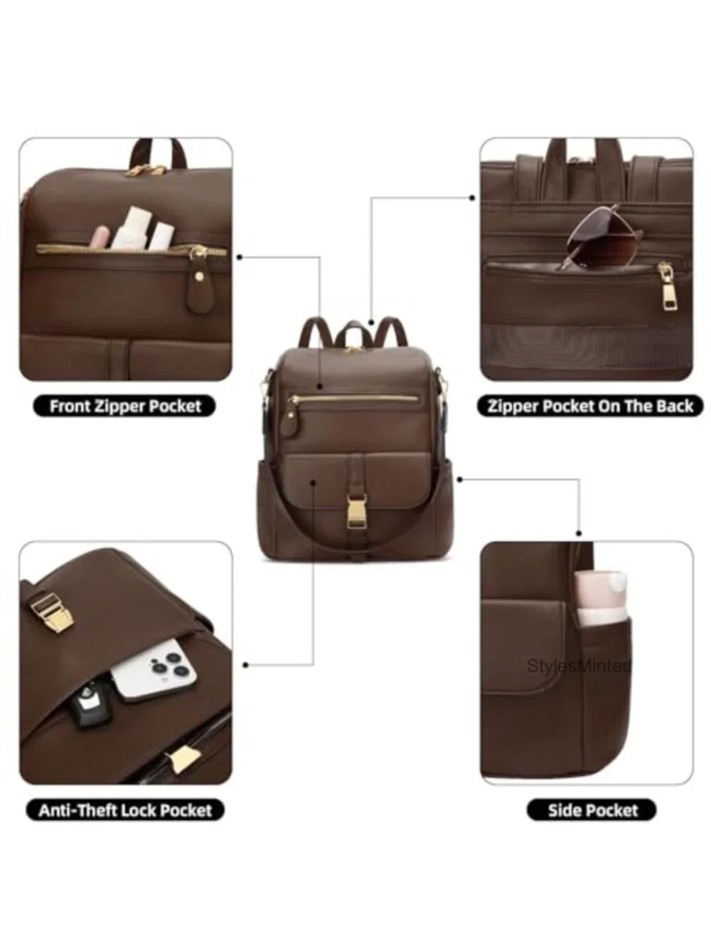 Women's Faux Leather Anti-Theft Travel Backpack with USB Port, Fits 13